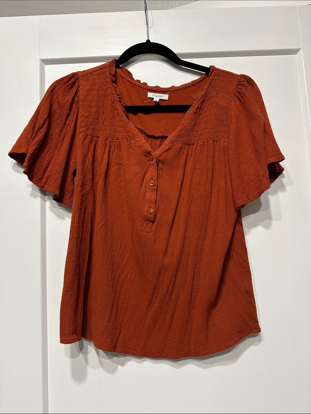 Maurices Burnt Orange Button-Peplum Flutter Sleeve Blouse